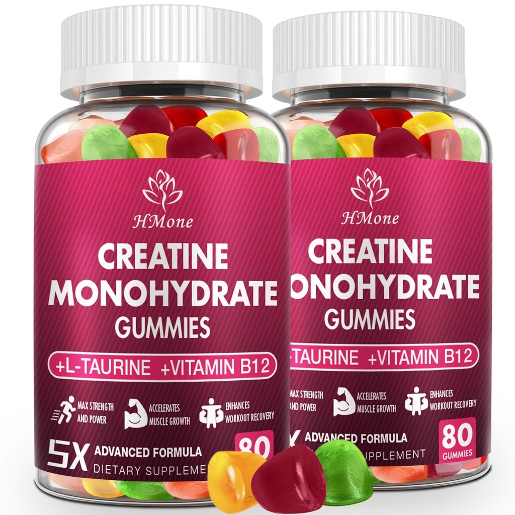 Kreatin Monohydrat Gummies - 5g for menn og kvinner, 160 Count og Kreatin Chewable kosttilskudd for muskel gevinst, muskel styrke, energiforsterker, og muskelbygger, sukkerfri, Vegan