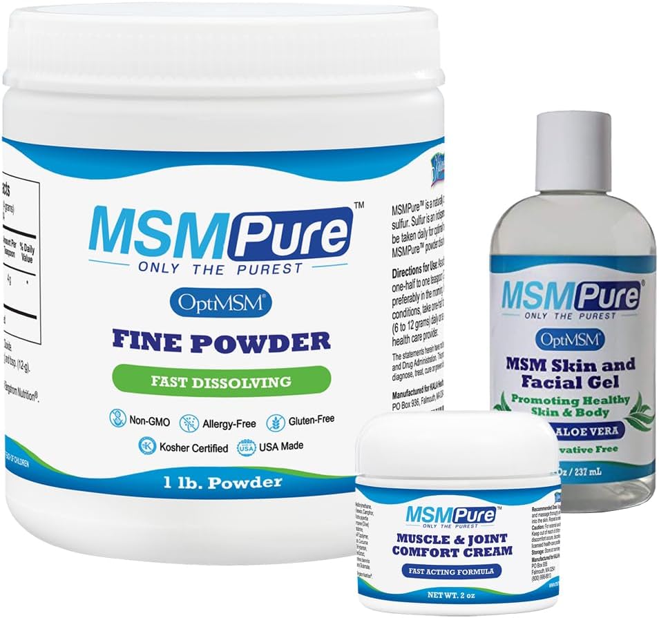 KALA Helse MSMPure Starter Bundle med MSM Fine pulver 1lb, MSM Muscle & Joint Cream 2oz og MSM Gel med organisk Aloe 8oz
