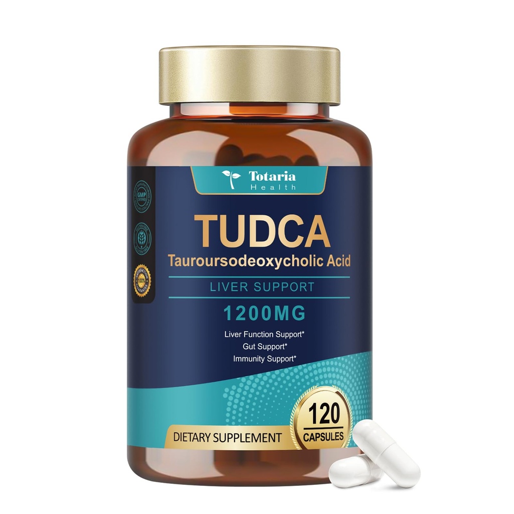 Totaria TUDCA Bile Salts 1200 mg (Tauroursodeoksykolsyre), 120 kapsler, Ultra styrke ren TUDCA lever kosttilskudd, lever og gallblære rengjøring og reparasjon, Vegan