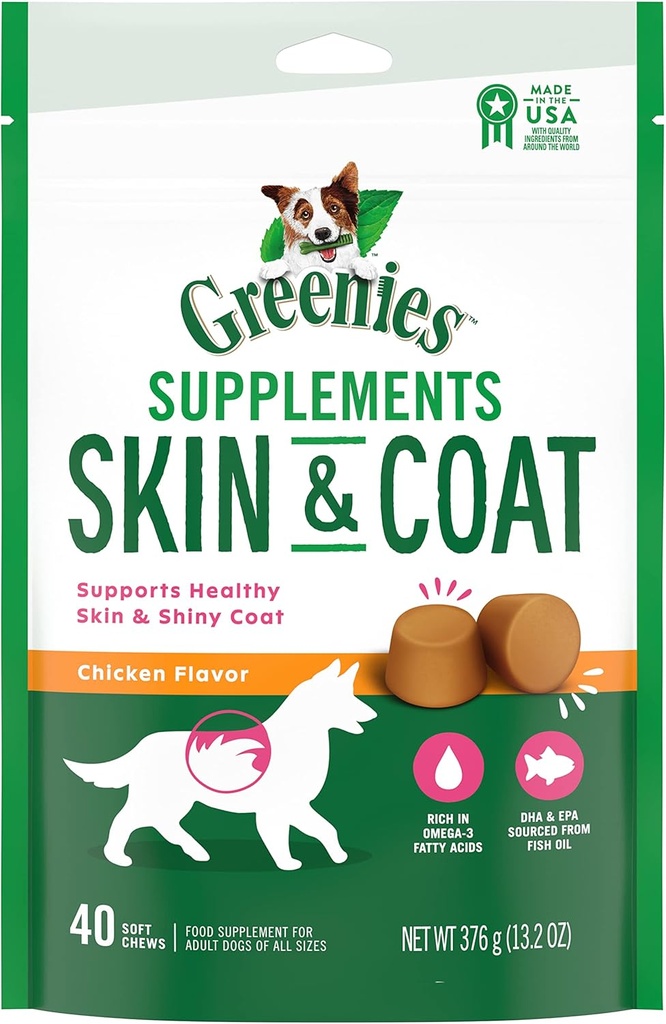 GREENIES Hud og Coat mat kosttilskudd med fiskeolje og omega 3 fettsyrer, 40-talls kylling-flavor myk Chews for voksne hunder av alle størrelser