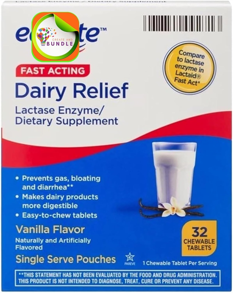 Ekvivalent rask fungerende Dairy Relief Lactase Enzym Dietary Supplement Vanilla Flavor tyggetabletter 32 Count (Pack of 1) + CreativeAndBundle klistremerke