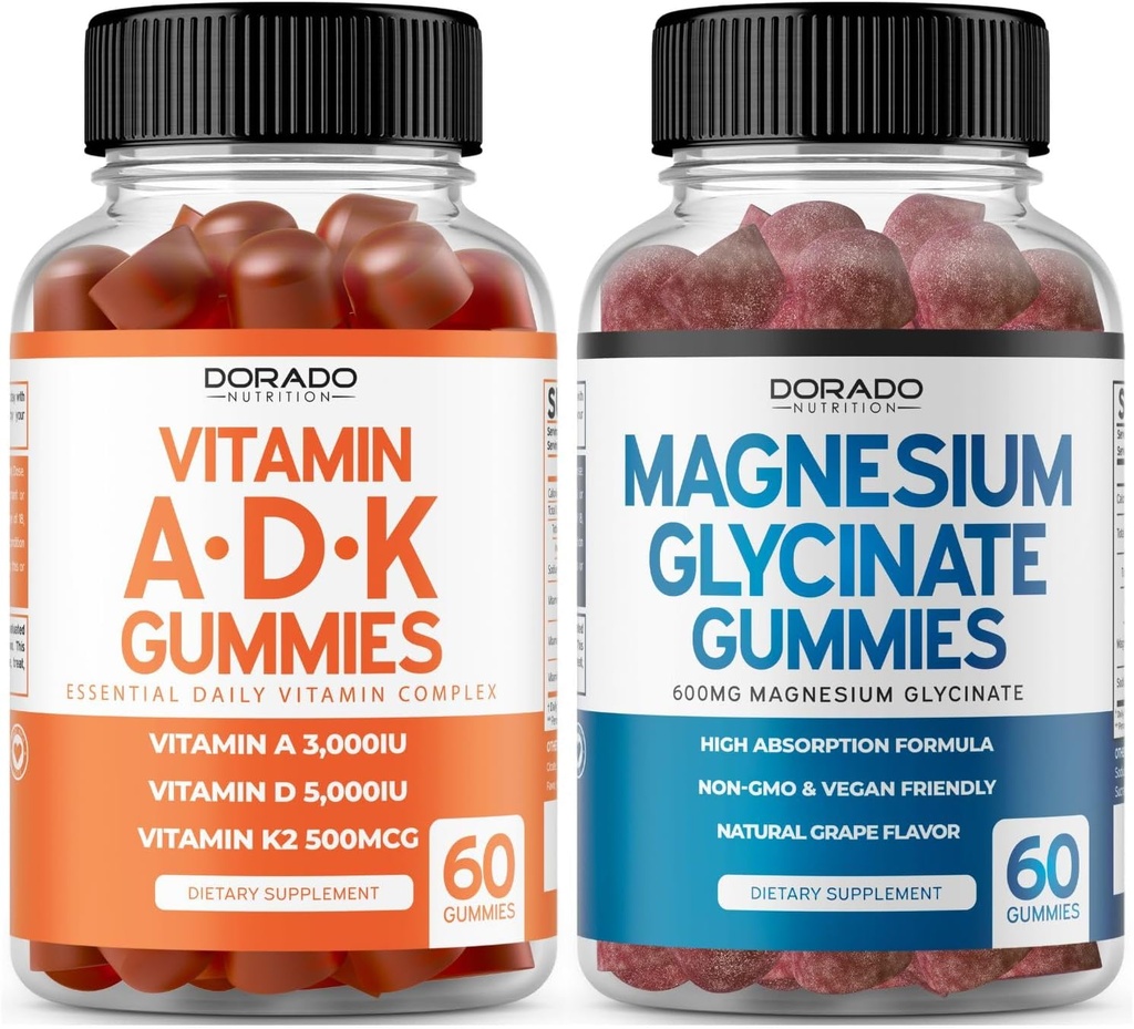 ADK Gummies Vitamin D3 K2 (60 greve) Supplement med D & K-10 Vegan Supplement Raspberry Flavor - Magnesium Glycinate (60 greve) - Glycinate Gummies for voksne - Ikke GMO, Vegan & laget i USA