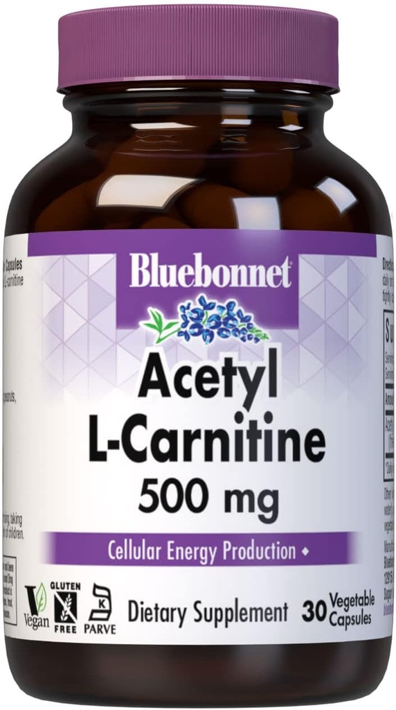 Bluebonnet Ernæring Acetyl L-karnitin, transporterer fettsyrer, øker cellulær energi, soya og glutenfri, Kosher sertifisert, Vegan, 30 grønnsaker kapsler, hvit, 500 mg