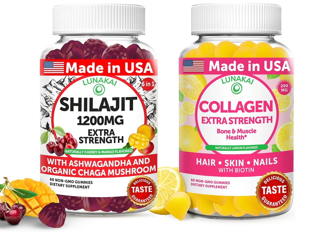 Lunakai USA Laget Shilajit & collagen Ekstra styrke Gummies Bundle - Energi, hår, hud og neglestøtte - Delicious & Non-GMO