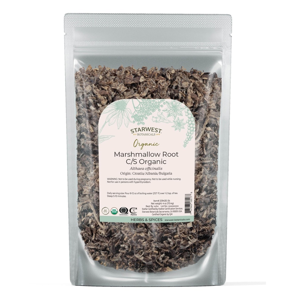 Starwest Botanicals Organic Marshmallow Root - Tørket urt for te, løs blad Root Herb, Cut & Sifted, sertifisert Kosher, ikke-GMO - 4 oz Pouch