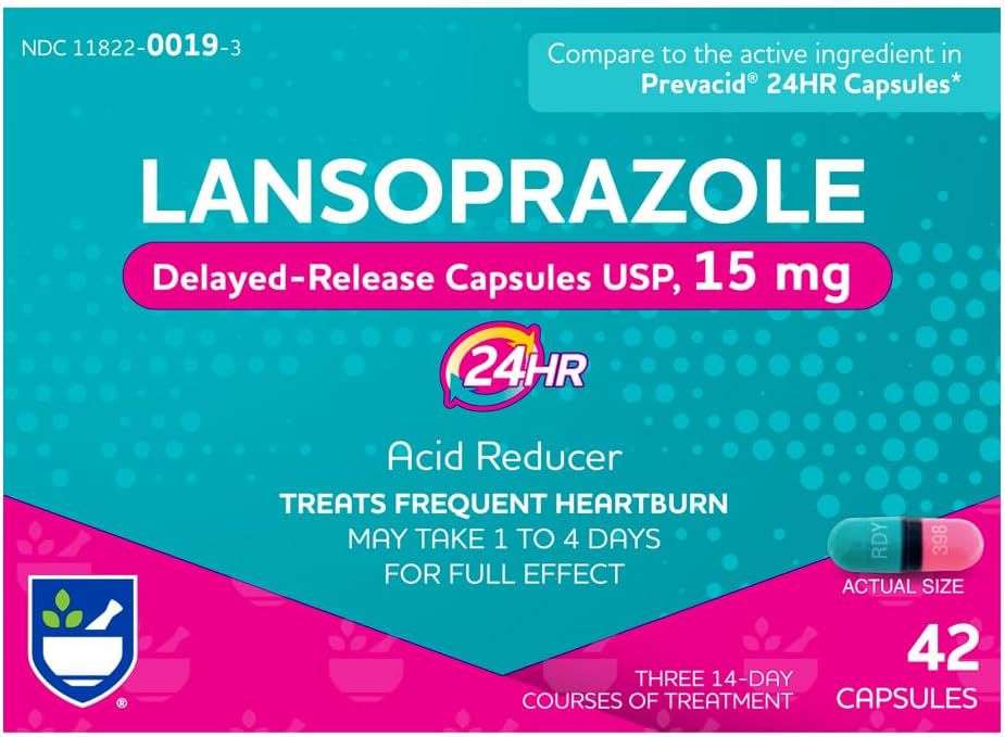 Rite Aid Lansoprazol 15 mg - 42 kapsler, syrereduserende forsinket release kapsler USP, Heartburn Relief og syre Reflux, opp til 24 timers relief