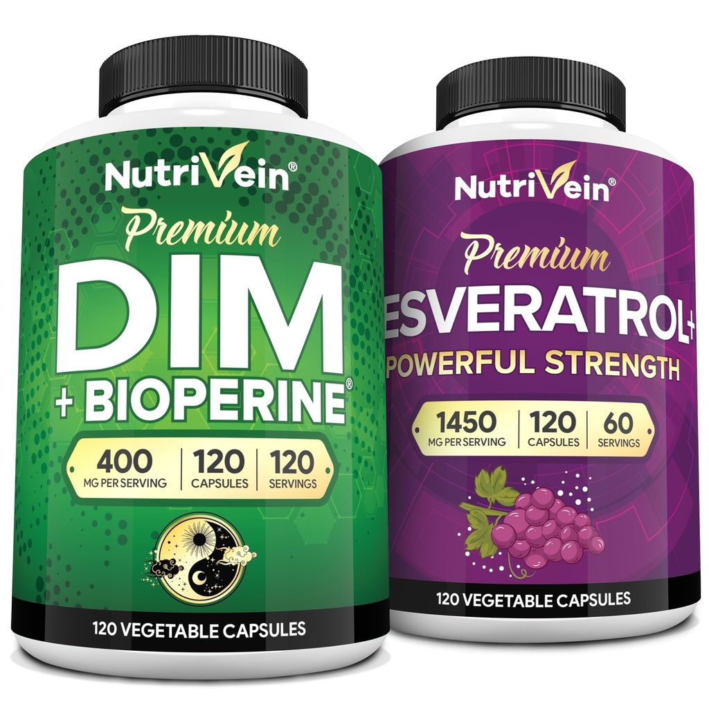 Nutrivein Premium Resveratrol kapsler og DIM Supplement Bundle: høyabsorpsjon Resveratrol Supplement og DIM for utvinning, balanse og vitalitet