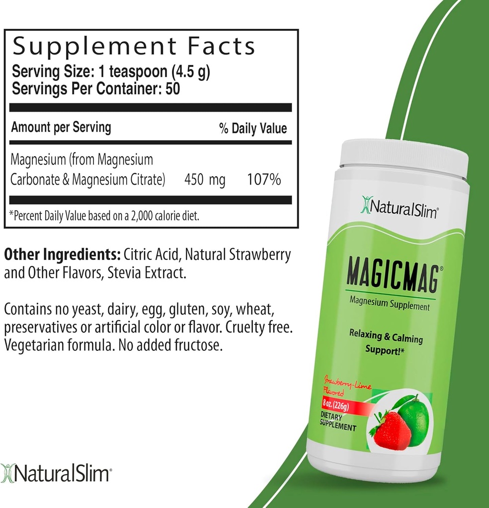 NaturalSlim Magicmag ren Magnesium Citrat pulver - Stress, dyspepsi, Muskel og hjerte støtte | Naturlig Strawberry & Lime Flavored Magnesium Supplement - 8oz Drink Mix (3 Pack)