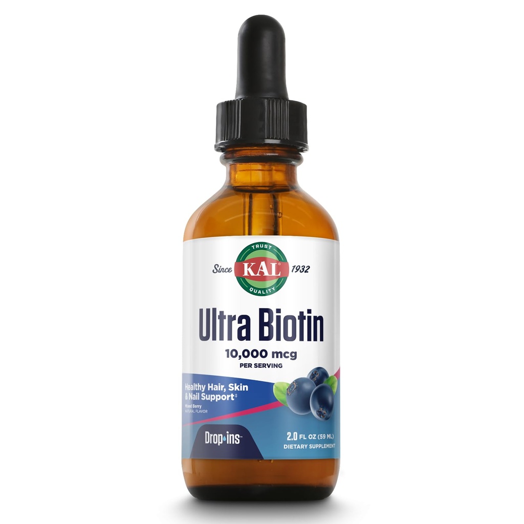 KAL Ultra Biotin 10000mcg DropIns, flytende Biotin Drops, Hårvekst Supplement, høy styrke Vitamin B7, Sunt hår, hud, negler og energi støtte, naturlig blandet Berry Flavor, Ca. 59 Serv, 2oz