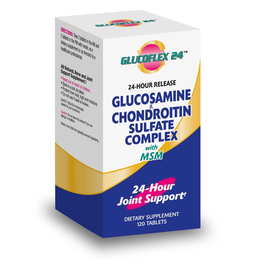 Glucoflex Glukosamin & Chondroitin Sulfat med MSM, 24 timers felles støtte, sunne bein, støtter sunn mobilitet, 30 serveringer, 120 greve