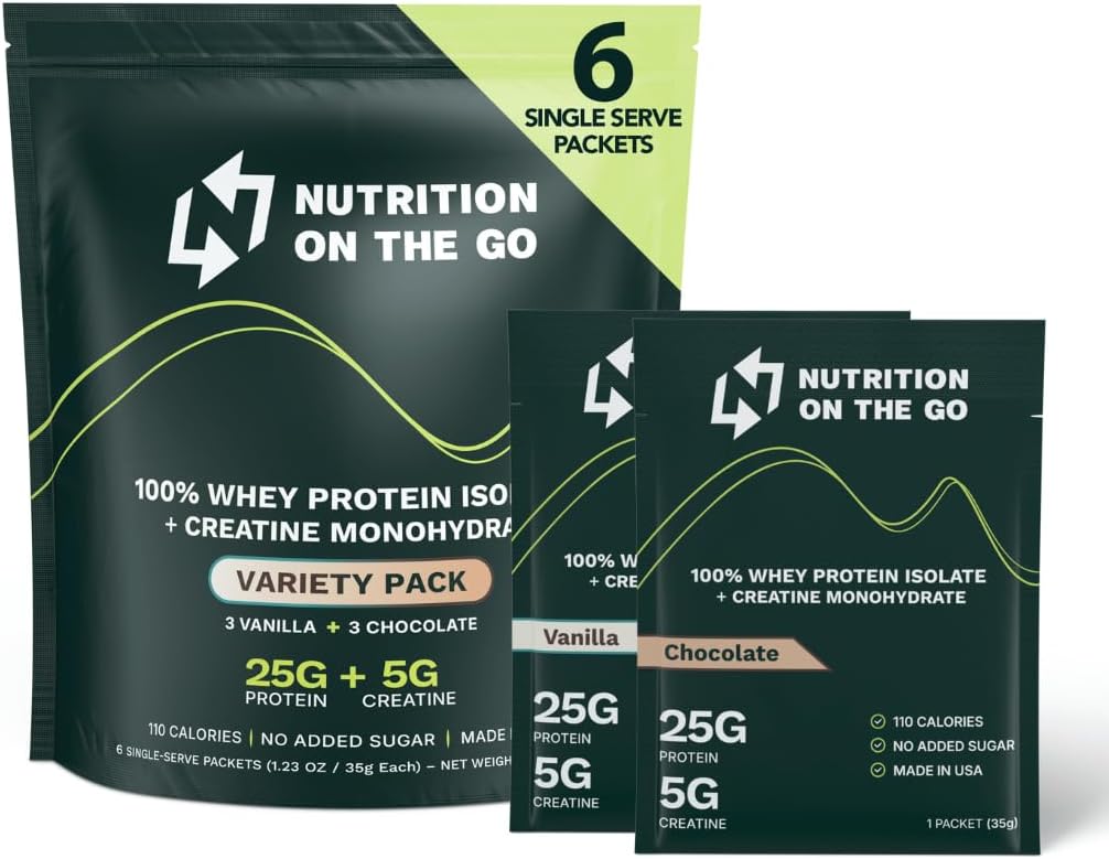 Ernæring på Go Whey Protein Isolate Packets med kreatin – 25g Protein + 5g Kreatin – Single-Serve Reise Protein pulver - Variety Pack (Vanilla & Chokolade) (6-Pack)