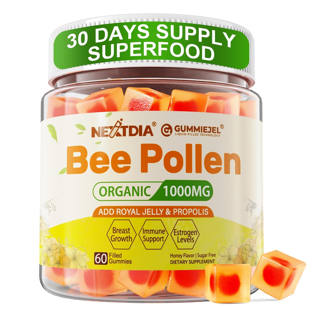 Bee Pollen organisk 1000mg, w/Propolis, Royal Jelly, sukkerfri Bee Pollen Gummies rike på B-vitamin, Antioksidanter, Aminosyrer, Bee Pollen Supplement for energi, hud og immun (1 pakke)