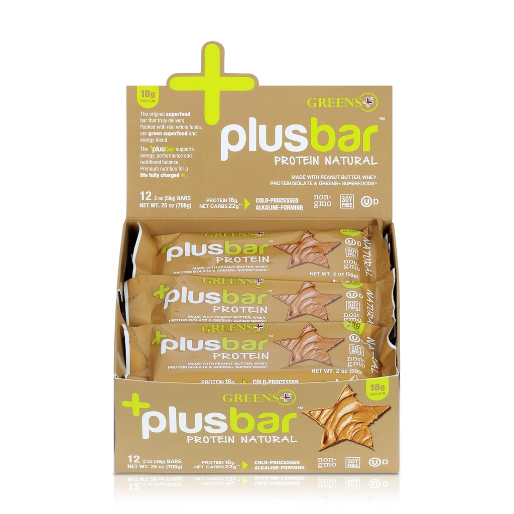 Grønn + Plusbar Protein Naturlig | Glutenfri Whey Protein Bar | Økologisk Grønn | Ikke GMO | 12 Bars
