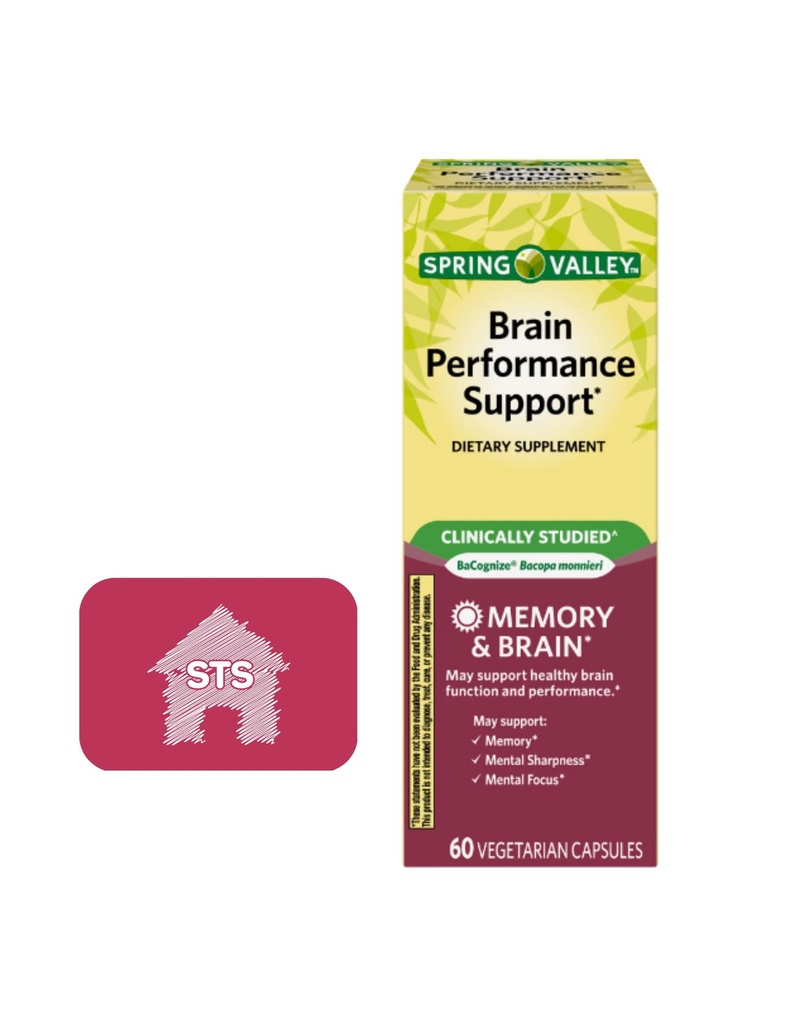Spring Valley Brain Performance støtte, 60 greve + STS klistremerke.