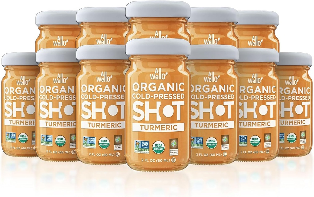 ALLWELLO Cold-Pressed Turmeric Shot, 60 ml, USDA Organic Immune Booster med Natu-RAL (12 PK, Turmeric)