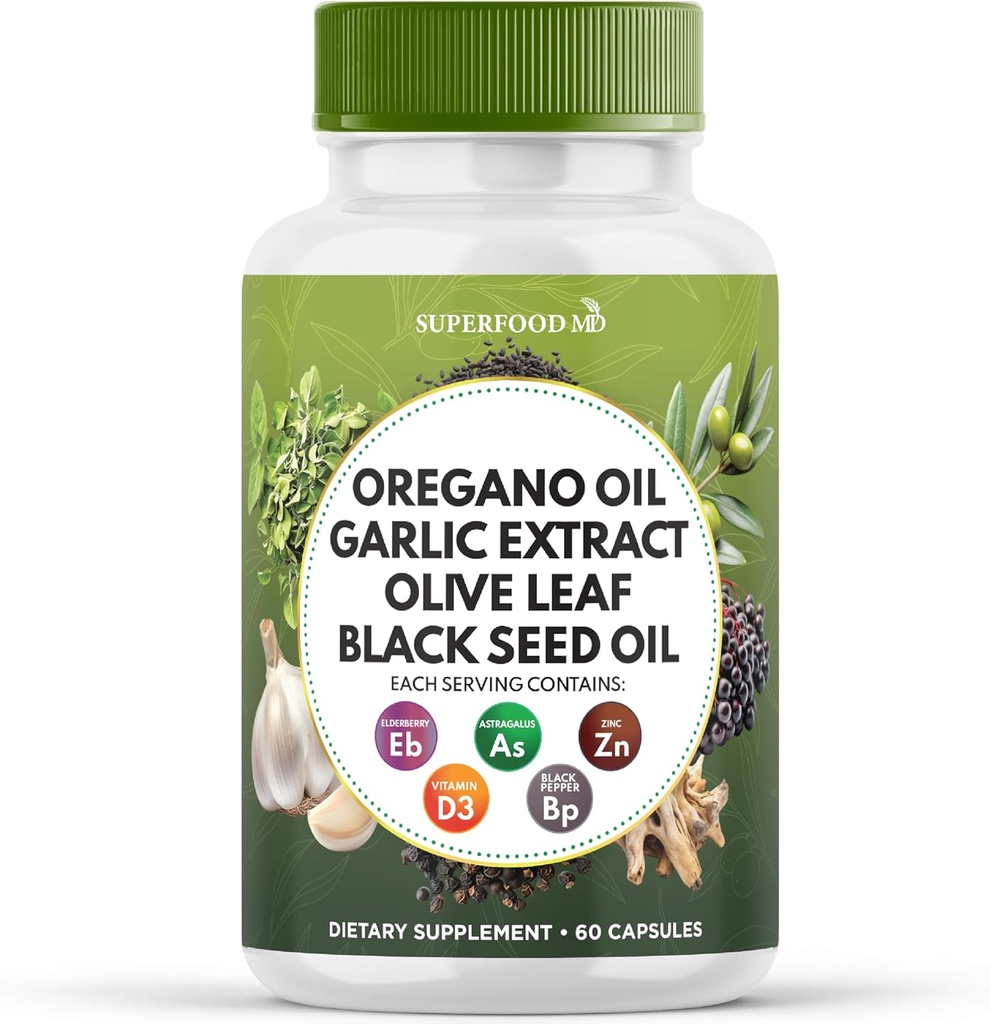 Superfood MD Oregano olje hvitløk ekstrakt Olive Leaf svart frøolje astragalus- for kvinner og menn- 60 greve
