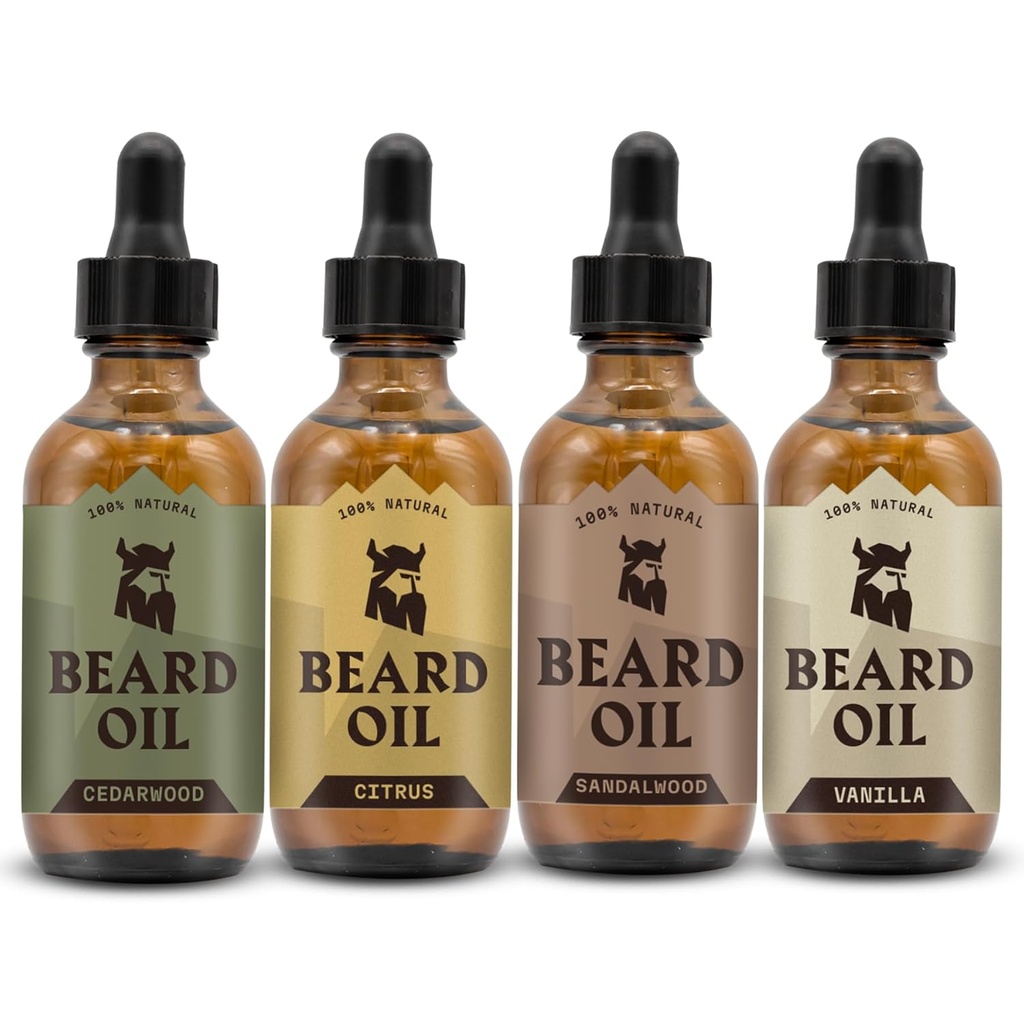 Striking Viking Beard Olje for menn - 0.66 Fl Oz pakke av 4, Vanilla, Sandalwood, Cedarwood & Citrus - fremmer Fullere vekst med Beard Growth Oil - Cedarwood Vanilla Scenter for menn