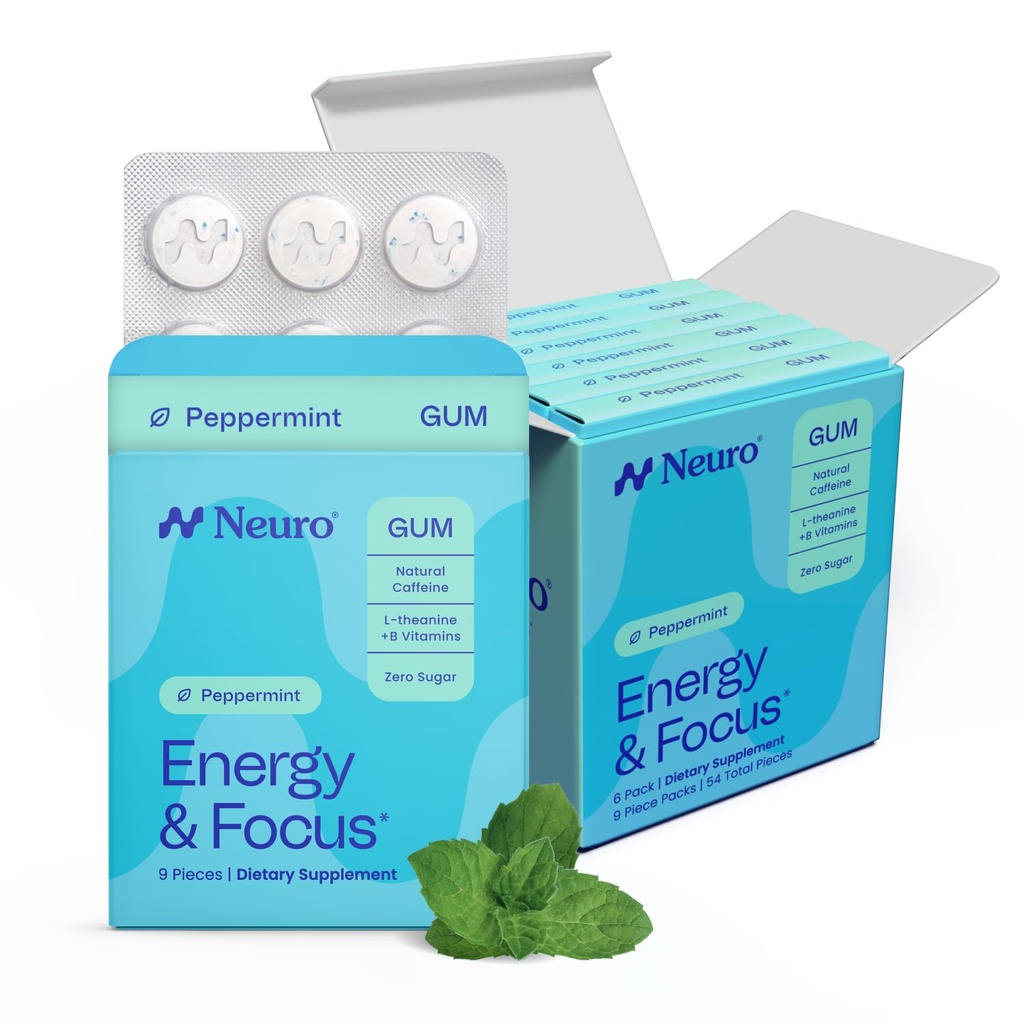 NeuroGum Energy & Focus Gum (54 Count-6 Pack, Peppermynte) ® 40mg Naturlig Koffein + L-Theanine + Vitamin B12 & B6 + Xylitol ® Sugar Gratis Nootropisk Kognitiv Brain ytelse Supplement