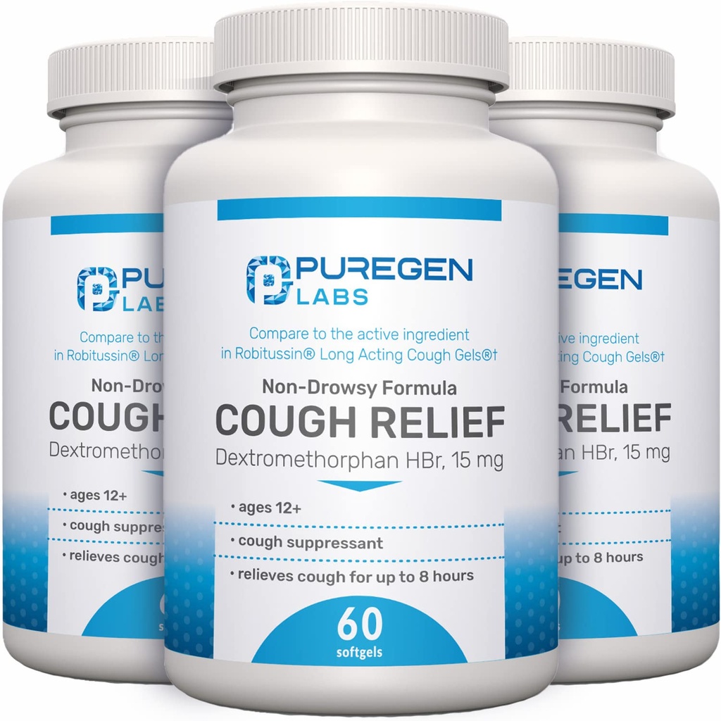 P Puregen Labs Cough Relief for voksne Dextromethorphan HBr 15mg | 8-Hour, ikke-Drowsy, Long-Lasting Bronchial Suppressant | Ages 12+ | Sammenlign med Robafen og Robitussin - 3 Pack | Total 180 Softgels