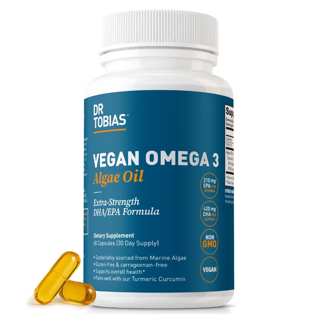 Dr. Tobias Vegan Omega 3 Supplement, 1400mg Algae Olje, 420mg DHA, og 210mg EPA per servering, ikke-GMO, Glutenfri, Carrageenan-fri, 60 kapsler, 30 Services