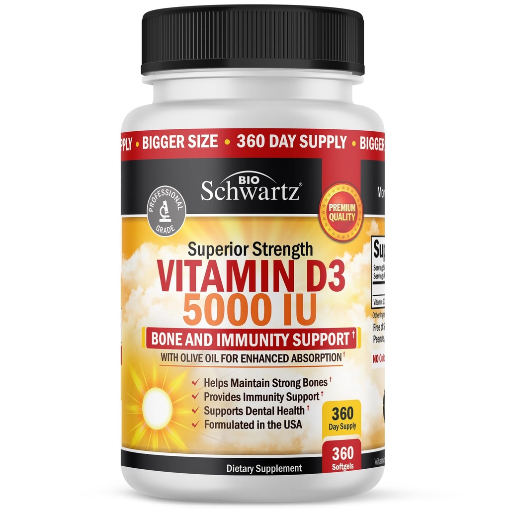 Vitamin D3 5000 IE (125 mikrog) Naturlig immunstøtte Supplement, Beinstyrke, sunn muskelfunksjon, med Oliveolje for høyeste absorpsjon, Glutenfri og ikke-GMO, 1 års forsyning, 360 Softgels