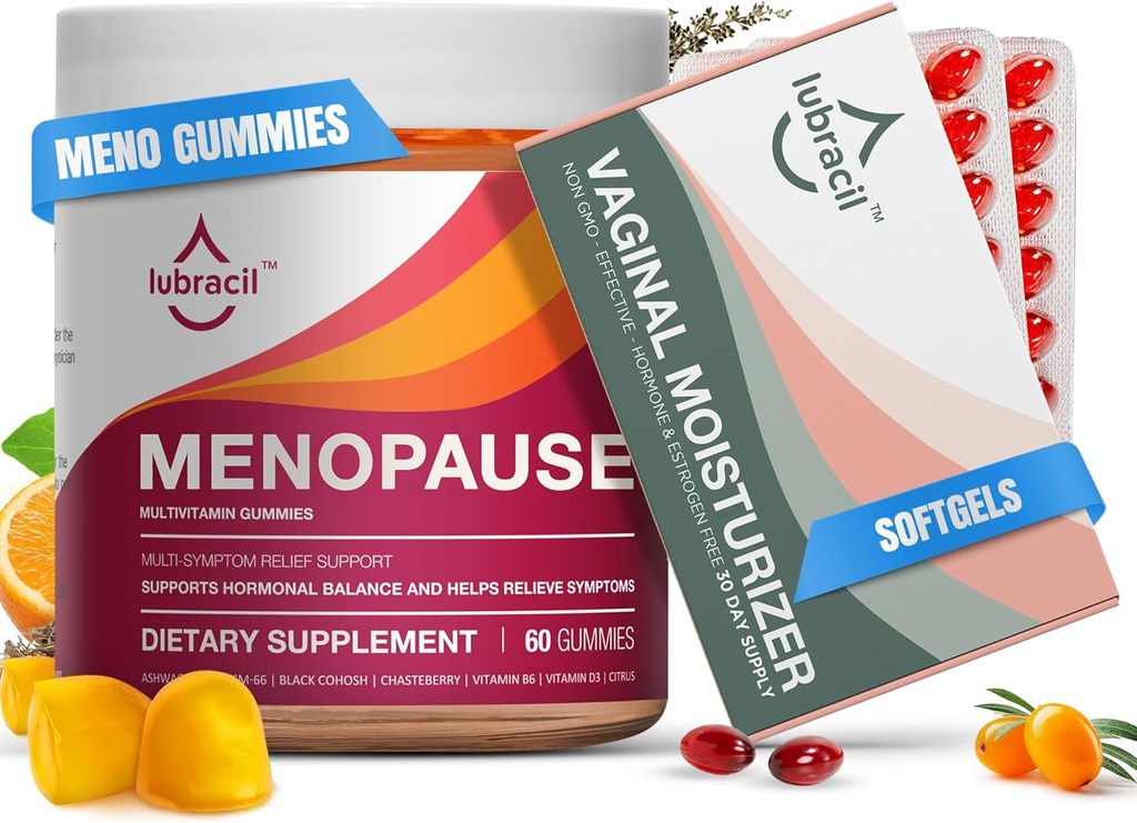 Lubracil Menopause Gummies & Daily Moisturizer Bundle – Hormon-fri støtte for varme blits, nattsviter, Vaginal tørrhet, og kløe med svart cohosh, Ashwagandha, Omega oljer & Sea Buckthorn