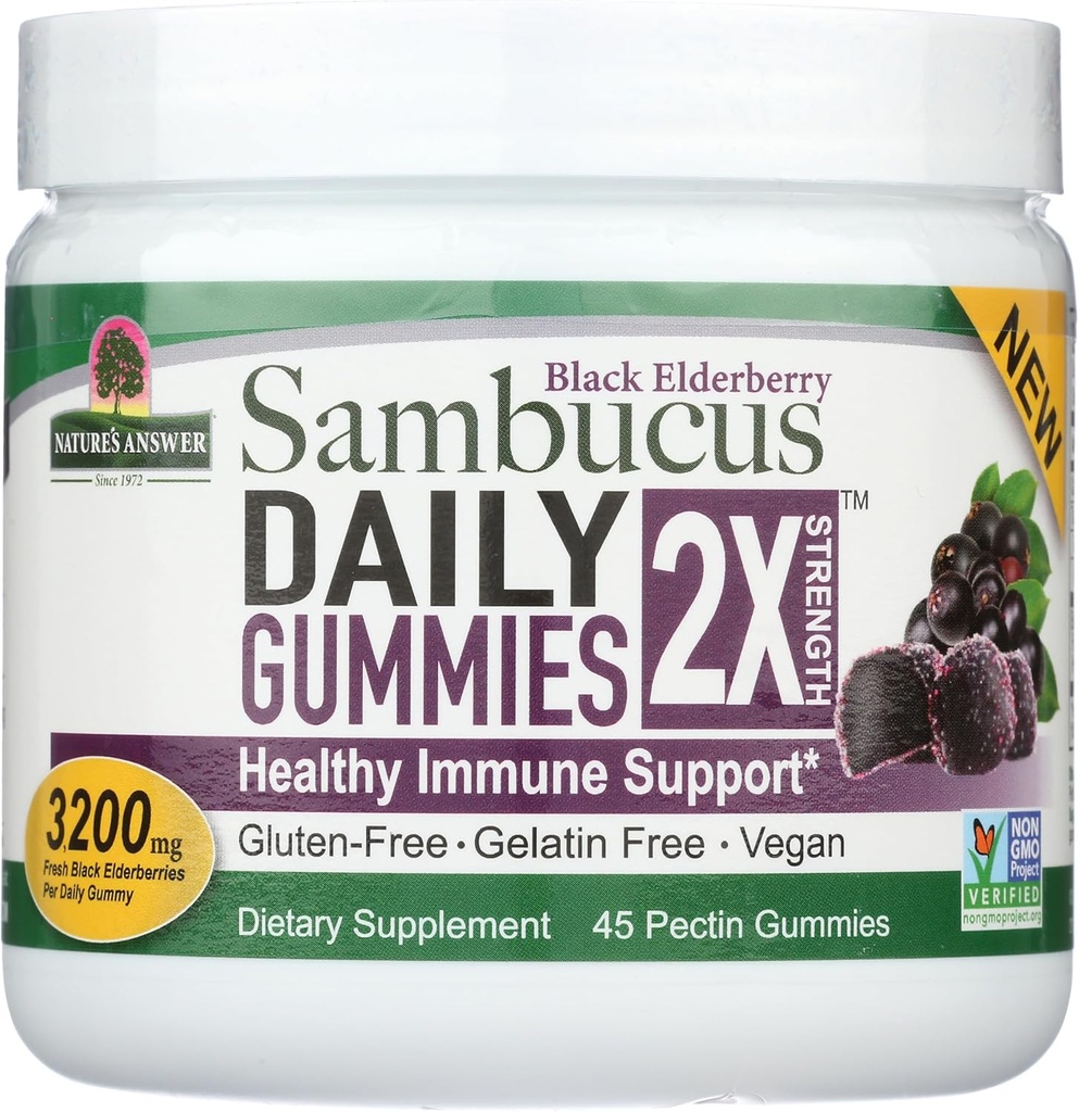 Naturens svar Sambucus Daily Gummies ® 2X Mer Elderbær 3200 mg Konsentrasjon | alkoholfri, glutenfri, gelatinfri, vegansk, ikke-GMO og ingen konserveringsmidler | (45 greve (pakke med 1)