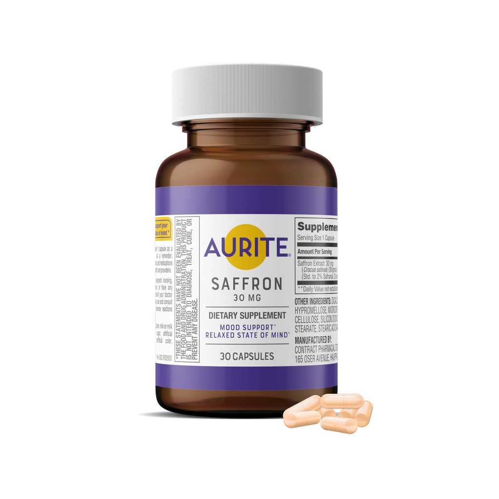 Saffron Supplement | Stress Management, Herbal Mood Support, Long-Term Memory, for kvinner og menn. 30 greve, Saffron 30 mg, Vegetarvennlig, Ikke-GMO, Glutenfri, Soja-fri (1 måneders forsyning)