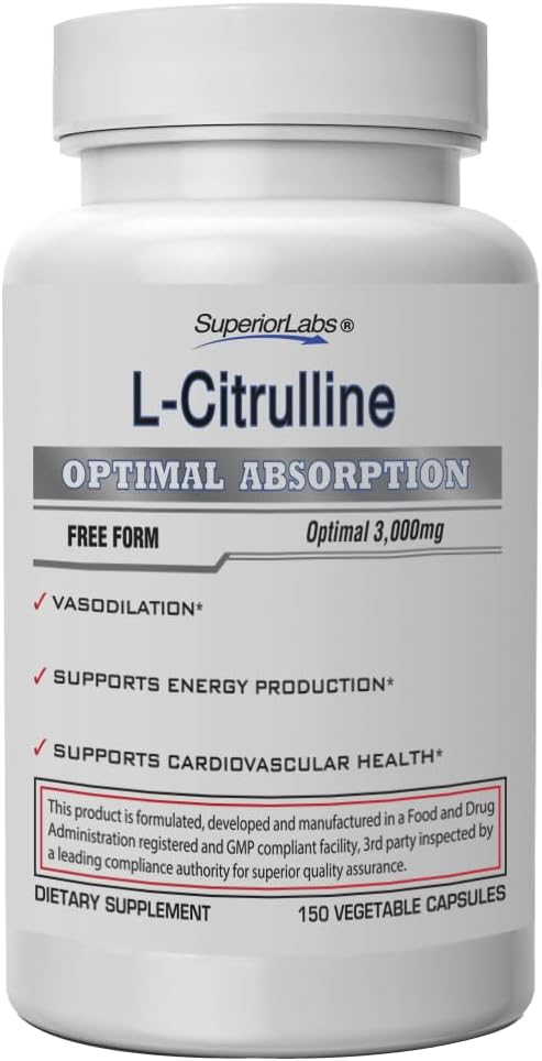 Superior Labs L-citrullin 3000 mg, ikke-GMO, høy-Potens Free-Form Amino Acid, Nitric Oxid & Vasodilation Booster, Pre-Workout Muscle Pump, Endurance, Cardiovaskulær støtte, 150 Veg Caps