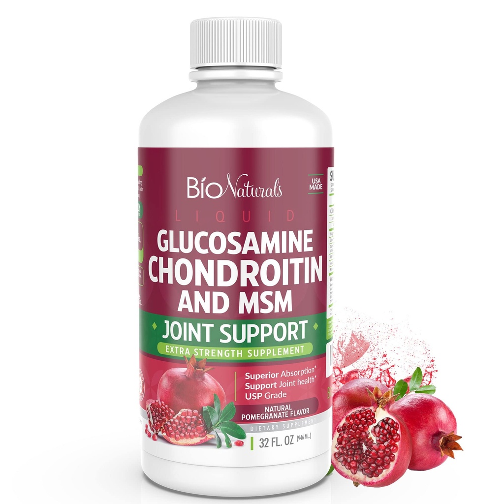 Bio Naturals flytende glukosamin Chondroitin MSM Pharmaceutical Grade Supplement med hyaluronsyre – Maks styrke felles støtte - 32 fl oz