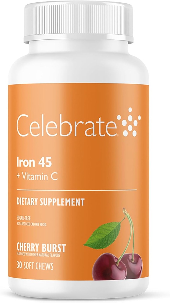 Feire vitaminer Jern Supplement med vitamin C - 45mg jern, 60mg vitamin C, Bariatric vitaminer for WLS pasienter, vertikal erme og gastrisk bypass kirurgi - Cherry, 30 myk Chews