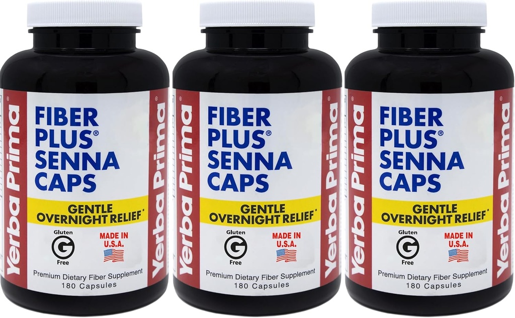 Yerba Prima Fiber Plus Senna Kapsler, 180 greve (pakke på 3) - 118 serveringer av Gentle Overnattings Relief, USA laget, ikke-GMO, for kortsiktig bruk for å gjenopprette regelmessighet