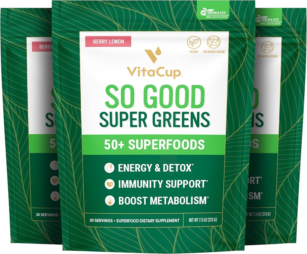 VitaCup Super Greens Powder Smoothie & Juice Mix w/ 50+ Premium Superfoods, Digestive Helse, Bloating Relief, Detox, Gut Helse w/Probiotika, Antioksidanter, Berry Lemon, 30 Servings Hver, 3 poser