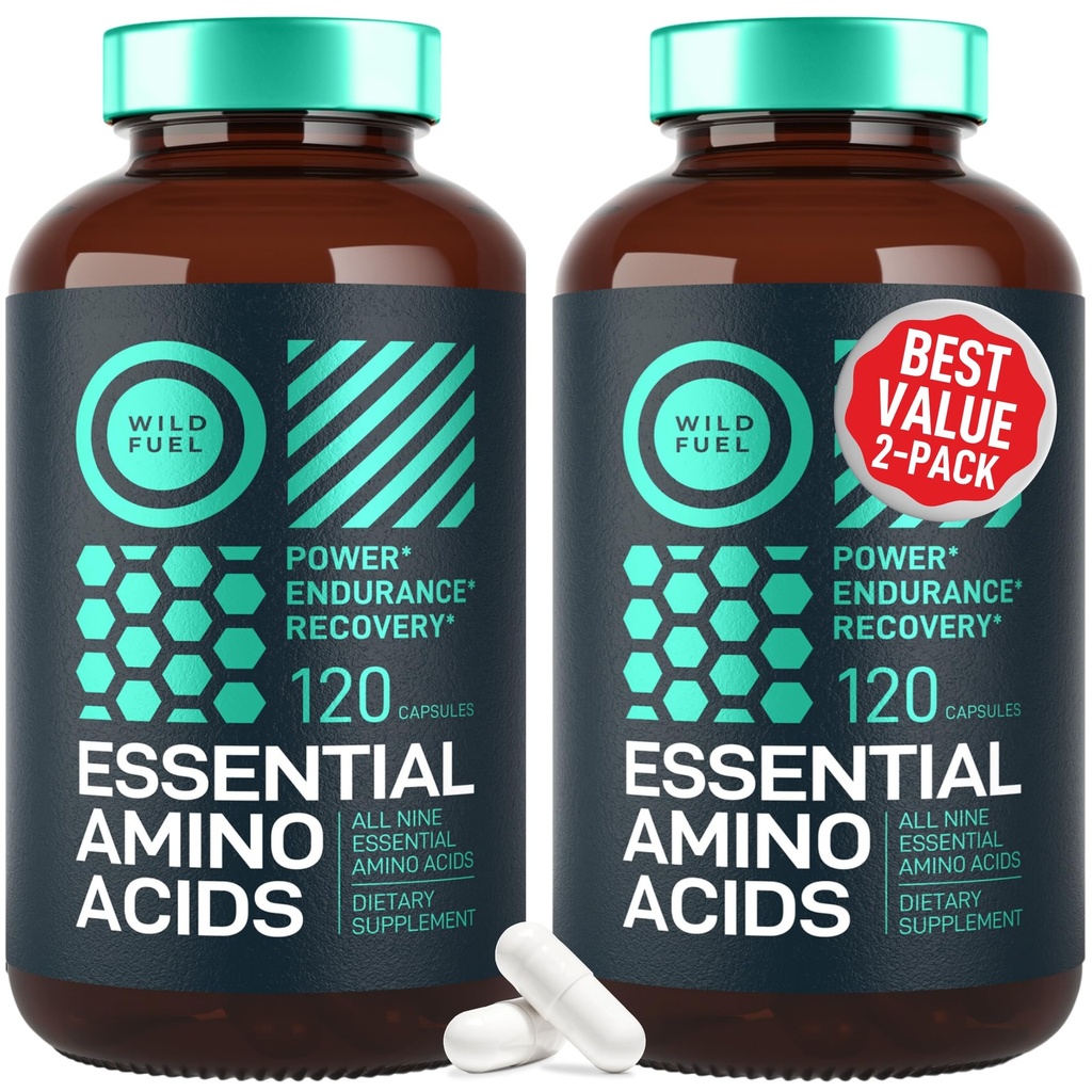 WILD FUEL essensielle aminosyrer Supplement for kvinner og menn - Alle 9 BCAA Aminosyre kompleks for kraft og gjenoppretting - EAA Lysin, Tryptophan, Isoleucin - 2 Pack 240 Vegan BCAA Kapsler