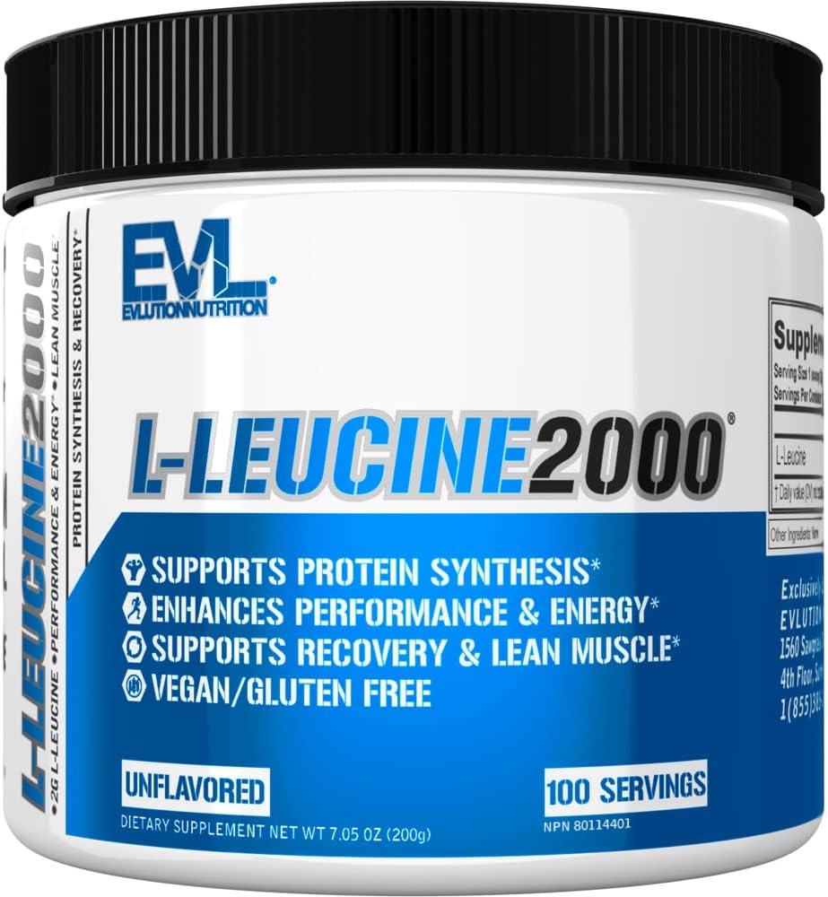 Evlution Nutrition L-Leucine 2000 - Protein Syntese, Recovery & Muscle Support - ytelse og energi - 2000mg L-Leucin - Glutenfri & Vegan - Uslavored kosttilskudd pulver - 100 serveringer