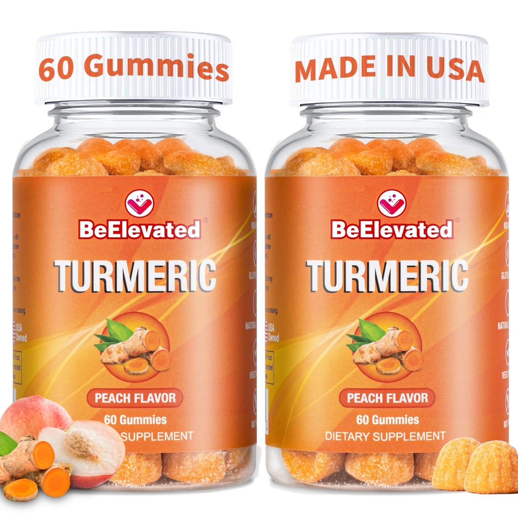 Curcumin Turmeric Gummies – Extra styrke 2000mg 8:1 Ekstrakt Turmeric kosttilskudd Gummies med svart pepper & Ginger – Vegansk ikke-GMO felles støtte Chewables – Peach Flavor - Pakke med 2