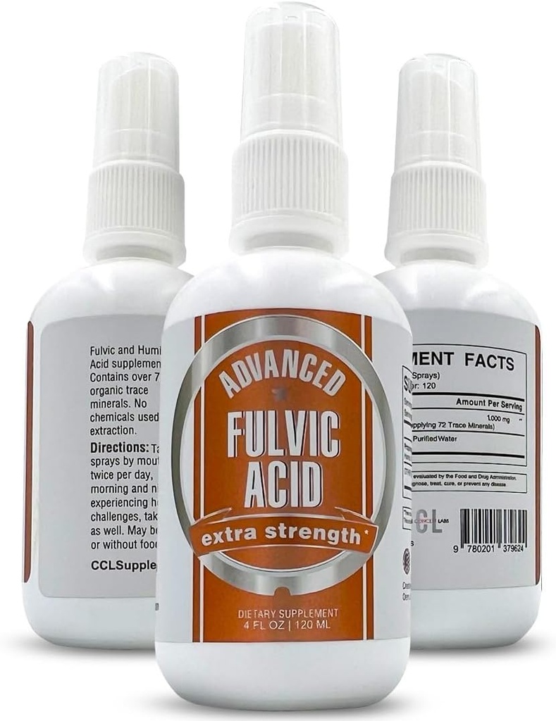 Avansert Fulvic Acid og Humic Acid Trace Mineral Liquid Spray Supplement. 70+ Ioniske organiske vitalmineraler og elektrolytter, lignende fordeler med Shilajit og dropper (4 oz, 120 Serveringer)