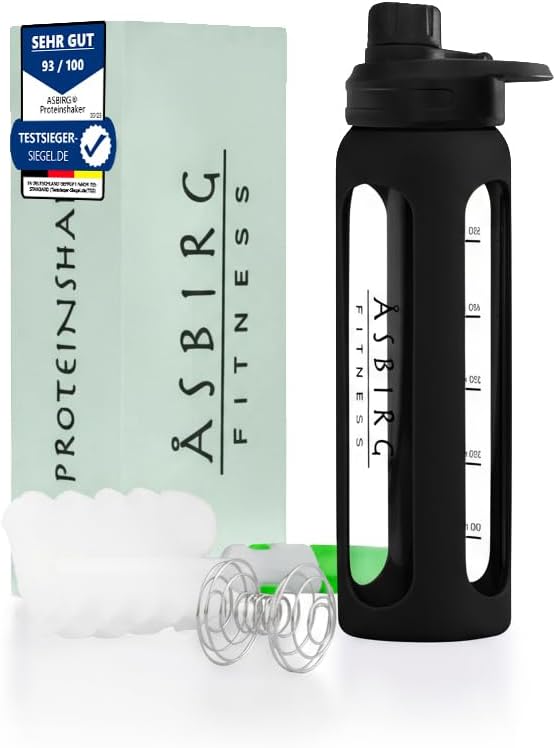 2.0 Fitness | Protein Shaker laget av glass | Protein Shaker | Drikkeflaske | med Spiral Ball | 24 oz (svart)