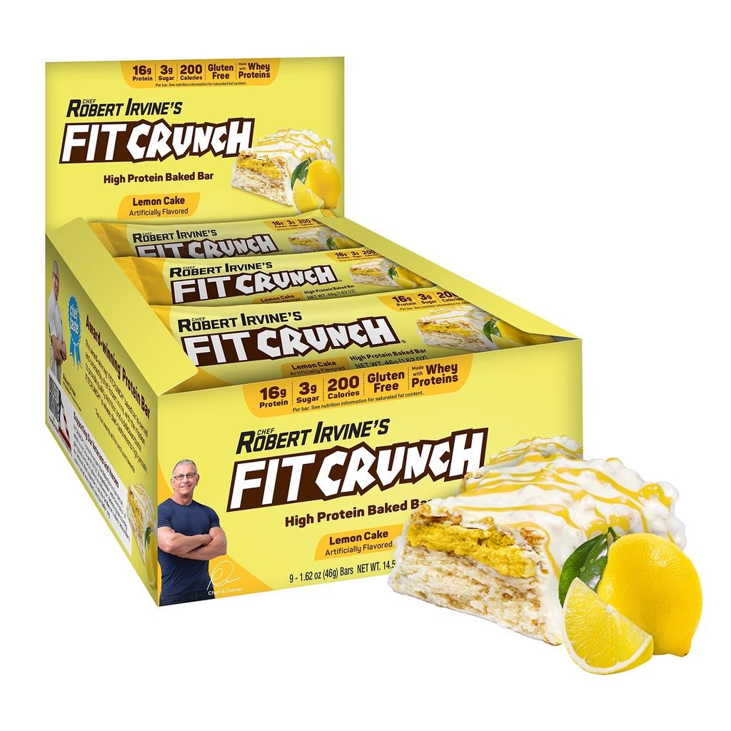 FITCRUNCH Snack Størrelse Protein Barer, 6-lags bakt bar, 3g sukker og myk kake kjerne (9 barer, sitronkake)