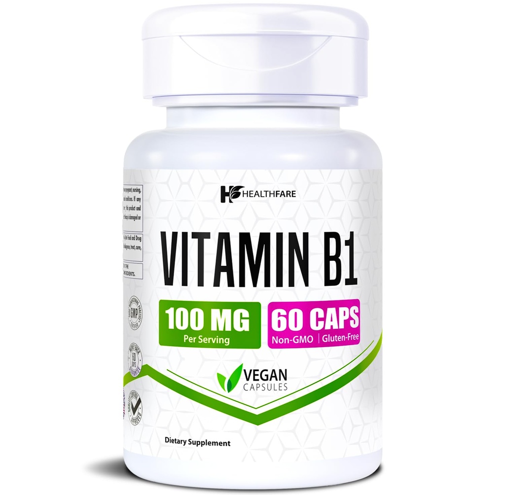 Helsefare Vitamin B1 100 mg | 60 kapsler | Thiamin Supplement | Støtter generell helse | Ikke-GMO | Glutenfri (60 kapsler)