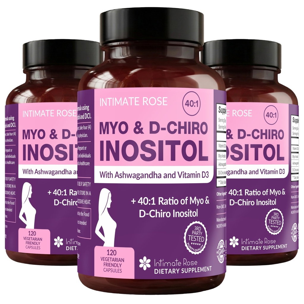 Intimere Rose Myo-Inositol & D-Chiro Inositol Blend - 40:1 Blandeforhold - kvinners daglige wellness støtte - vitamin D & Ashwagandha, 3 flasker