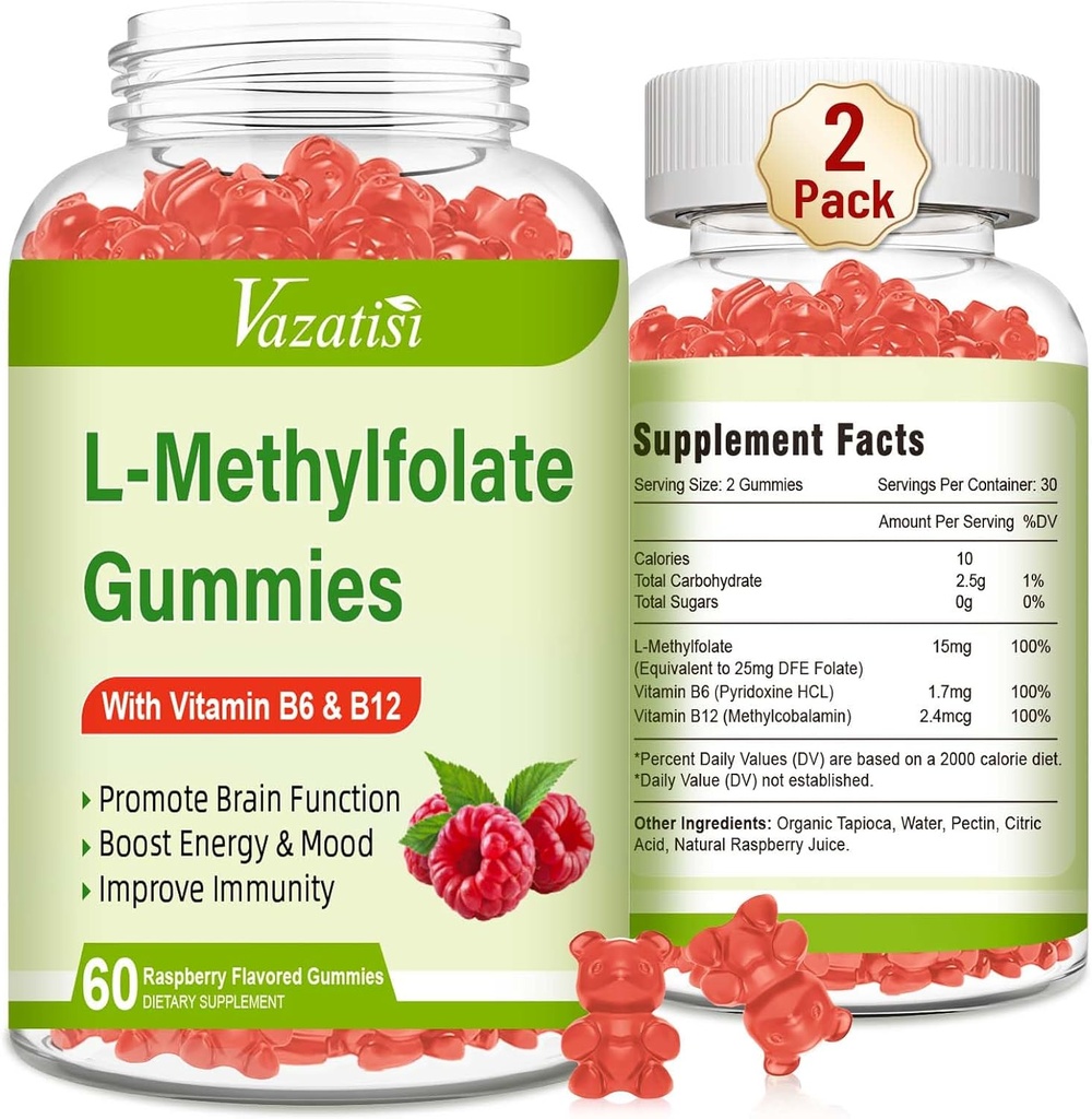 L-Metylfolat 15 mg Gummies med Metyl B12, Folate Supplement for humør, hjerne helse, immun støtte, bringebær flavor, 120 count