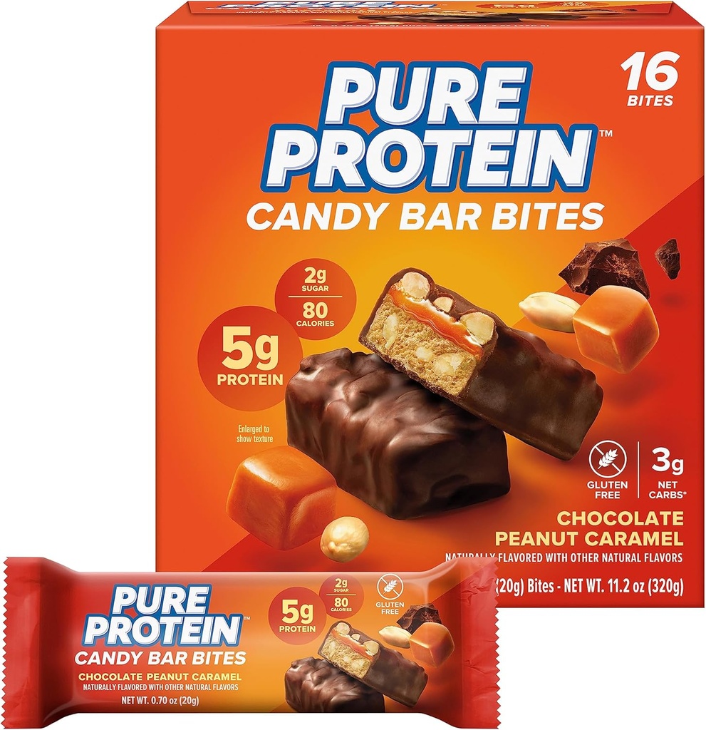 Pure Protein Candy Bar Bites, Sjokolade Peanut Caramel, 5g Protein, Glutenfri, Lavt sukker, 0.70 oz, 16 Pack (Packing May Vary)