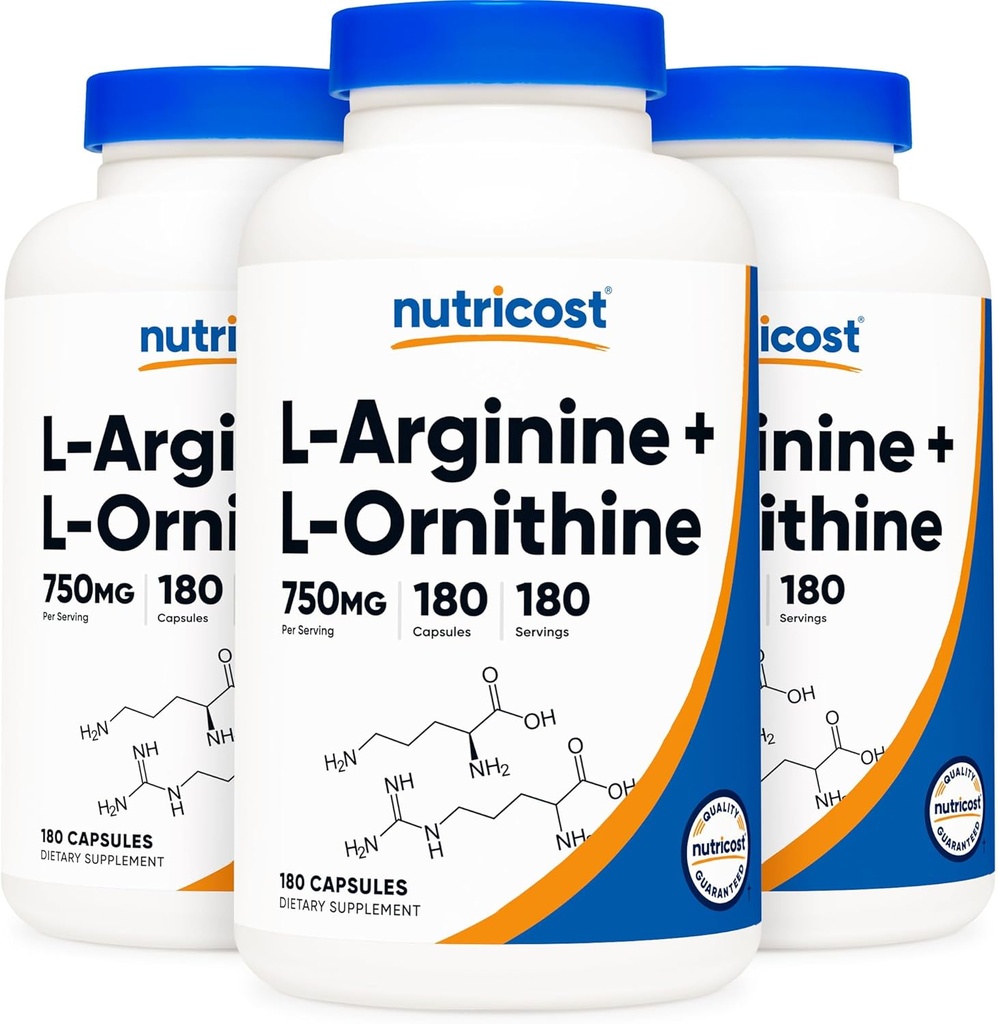 Nutricost L-arginin L-Ornithine 750 mg; 180 kapsler (3 flasker)