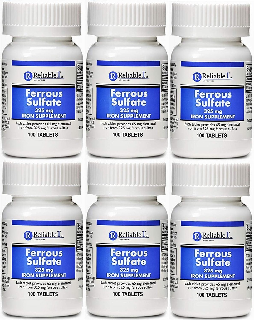Ferrous Sulfate Iron 325 mg Generisk for Feosol 100 tabletter Patron på 6