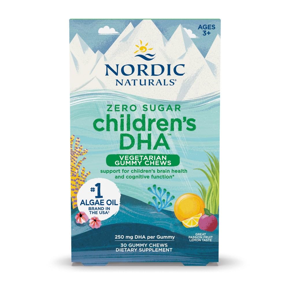 Nordic Naturals Zero Sugar Children's DHA Vegetarisk Gummy Chews - Passion Fruit Lemon Flavor - 30 Gummies - Vegansk Algae Olje Omega-3 Supplement for barn Hjerne- og kognisjonsstøtte - 30 Serveringer