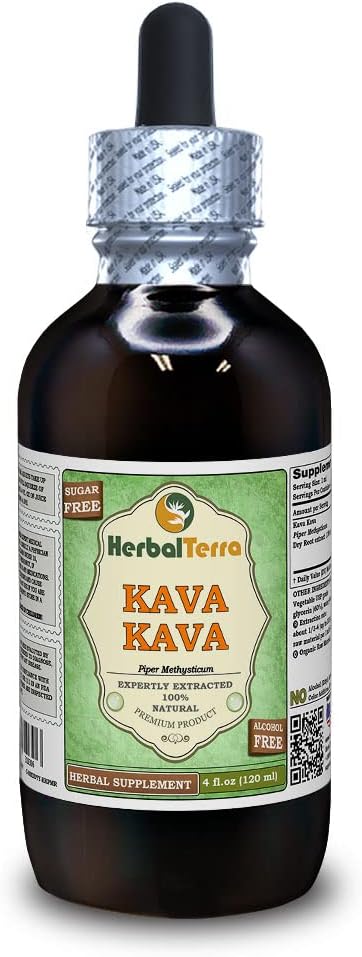 Kava Kava (Piper Methysticum) Glyceritt, tørket rot alkohol-fri flytende ekstrakt (merkenavn: HerbalTerra, stolt laget i USA) 4 floz (120 ml)