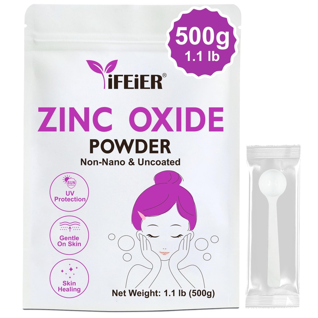 iFEiER Zink Oxid pulver | 500g(1.1 lb) 100% ren Non Nano Uncoted Sink Oxid pulver for hudbeskyttelse | Kosmetikk Grade Ideell for DIY solskjerm, lotion, deodorant og hudpleie