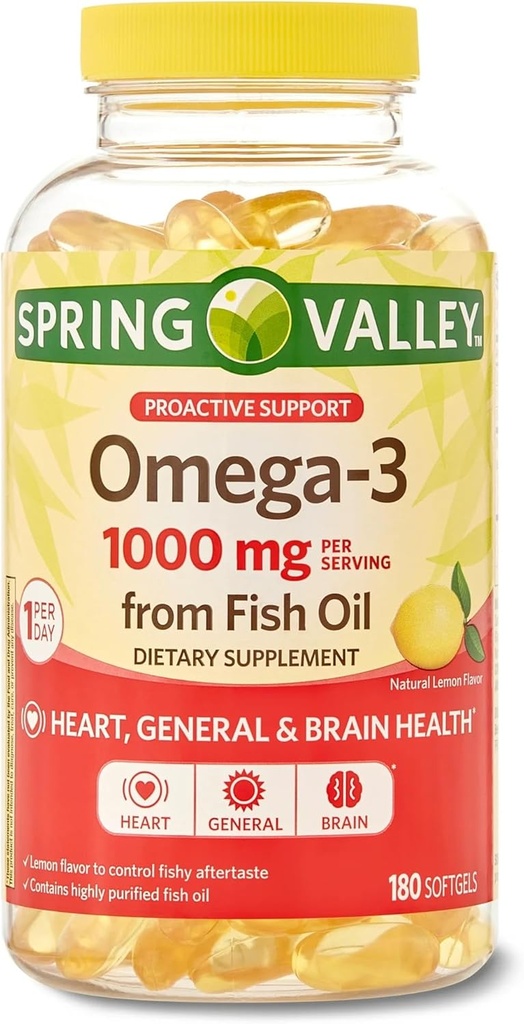 Spring Valley Omega-3 1000 mg fra fiskeolje, hjerte, hjerne helse, sitron,180 softgels