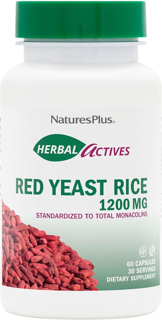 NaturesPlus Herbal Actives Rød Yeast Rice 1200 mg - 60 Kapsler - Ikke-GMO, Vegan, Glutenfri - 30 Services